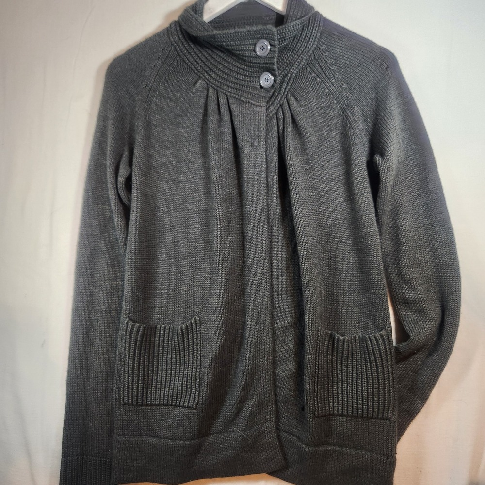 Bluenotes Womens Gray Mock Neck Button Knit Cardigan Sweater Size M Pockets